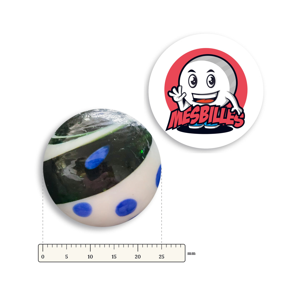 Bille Big-Bang Blanc et Vert 25 mm Collector à côté d'une règle graduée, 25 mm de diamètre
