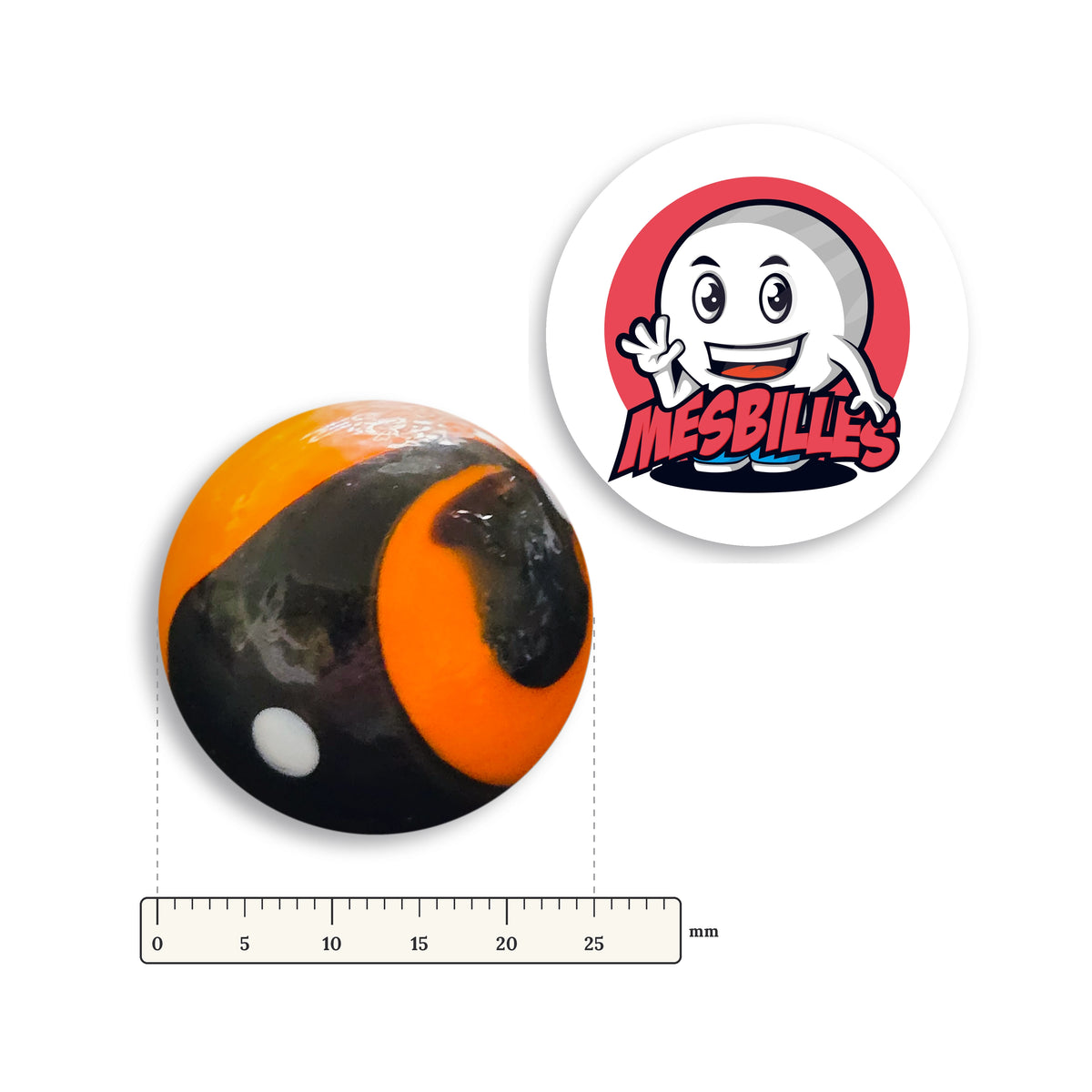 Bille Big-Bang Orange et Noir 25 mm Collector à côté d'une règle graduée, 25 mm de diamètre