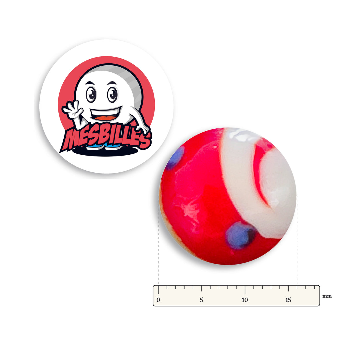 Bille Big-Bang Rouge et Bleu 16 mm Collector à côté d'une règle graduée, 16 mm de diamètre