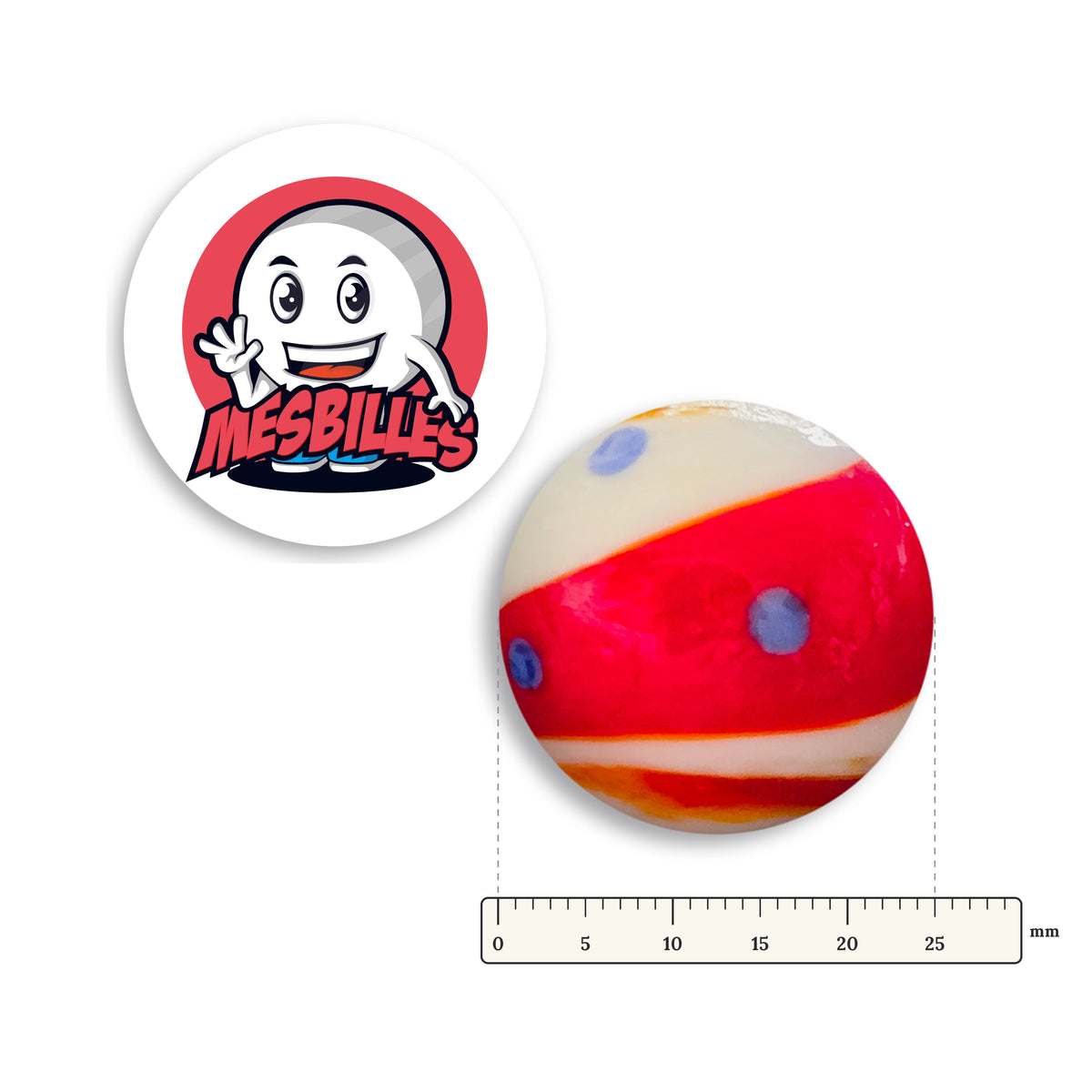Bille Big-Bang Rouge et Bleu 25 mm Collector à côté d'une règle graduée, 25 mm de diamètre