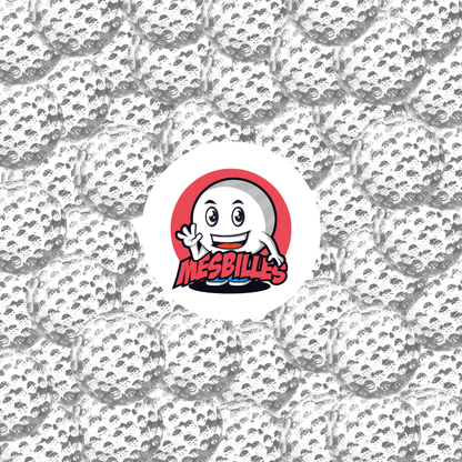 Close-up of a set of Cristal Golf Ball 60 mm glass marbles, with a sporty texture, surrounding the My-Glassmarbles Logo.