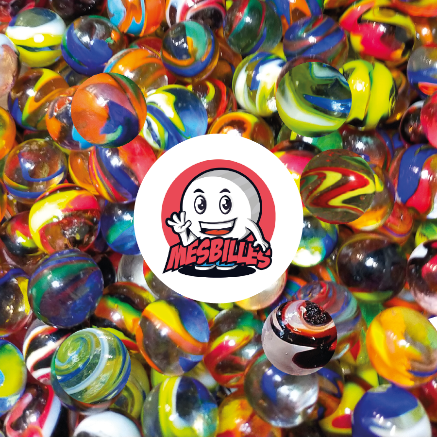 Close-up photo of a number of multicoloured Speedy marbles with zebra patterns, intertwined around the My-Glassmarbles Logo.