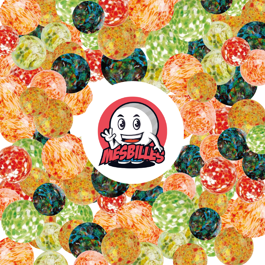 Red 16 mm Flyer Marbles, and multicoloured marbles surrounding the mascot My-Glassmarbles translucent glass marbles with Multicolored spots