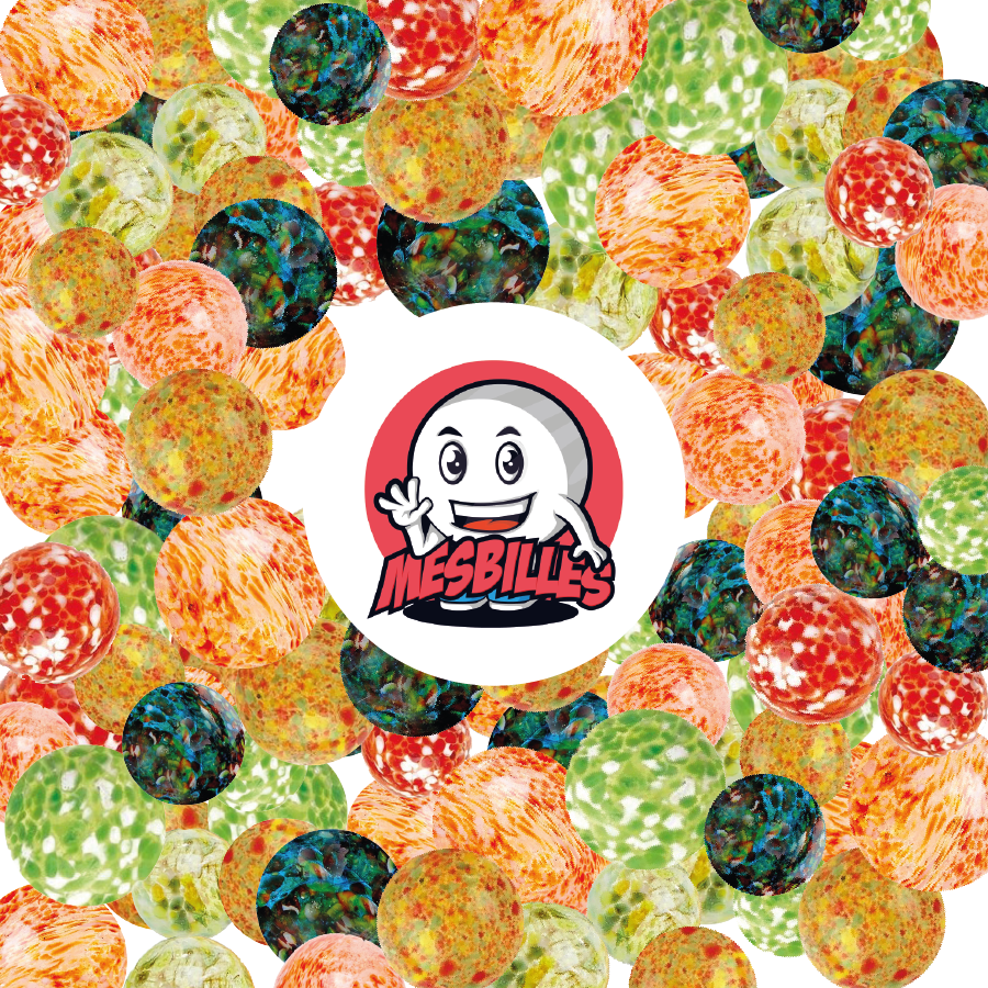 Green Flyer Marbles 25 mm, and multicoloured marbles surrounding the mascot My-Glassmarbles translucent glass marbles with Multicolored spots