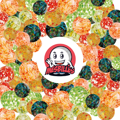 Green Flyer Marbles 25 mm, and multicoloured marbles surrounding the mascot My-Glassmarbles translucent glass marbles with Multicolored spots