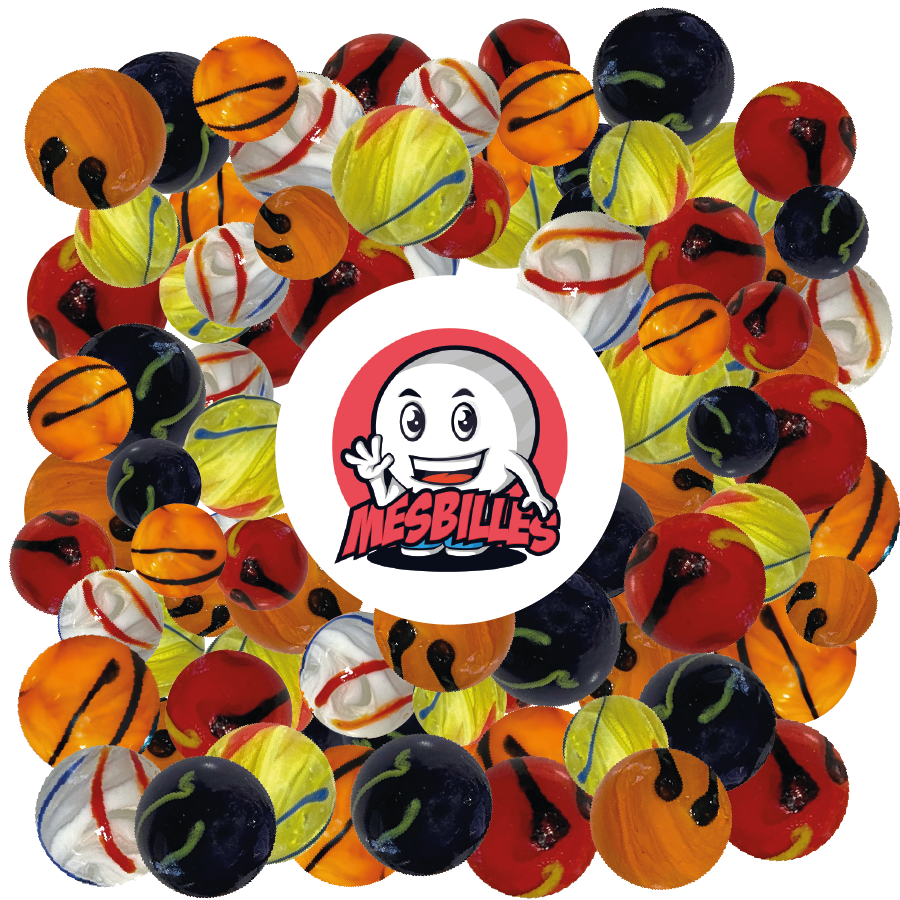 Orange and Multicoloured 25mm Marbles in opaque glass, collector KIMPLAY marbles