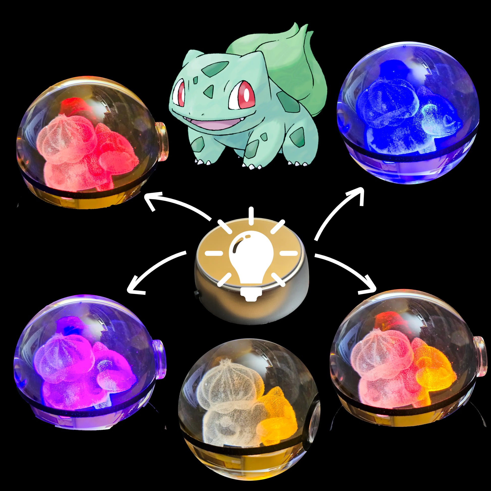Grande bille transparente avec motif 3D « Bulbizarre » au centre, effet lumineux : pour collection et amoureux des beaux objets