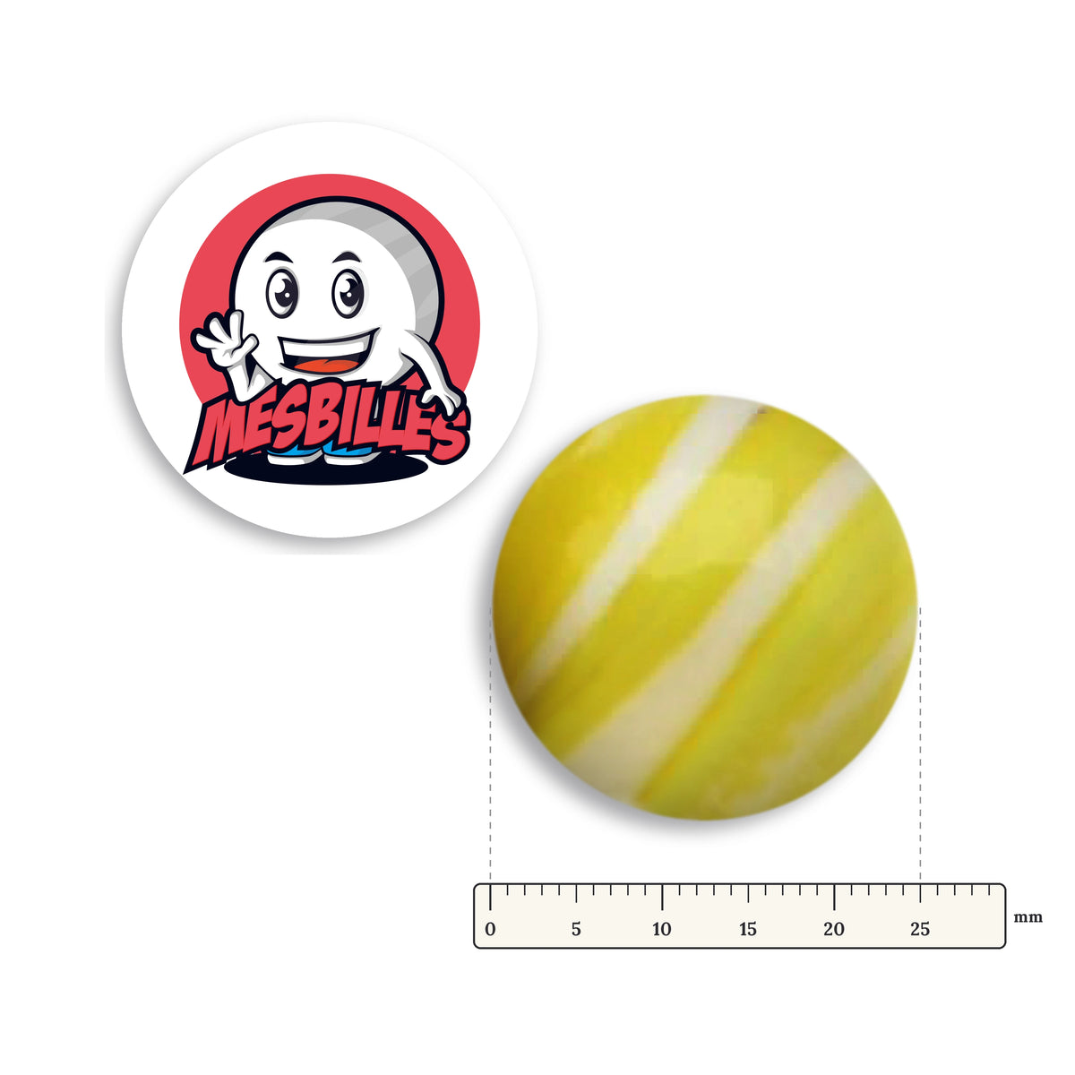 Bille Equinoxe Jaune et Blanc 25 mm Collector à côté d'une règle graduée, 25 mm de diamètre