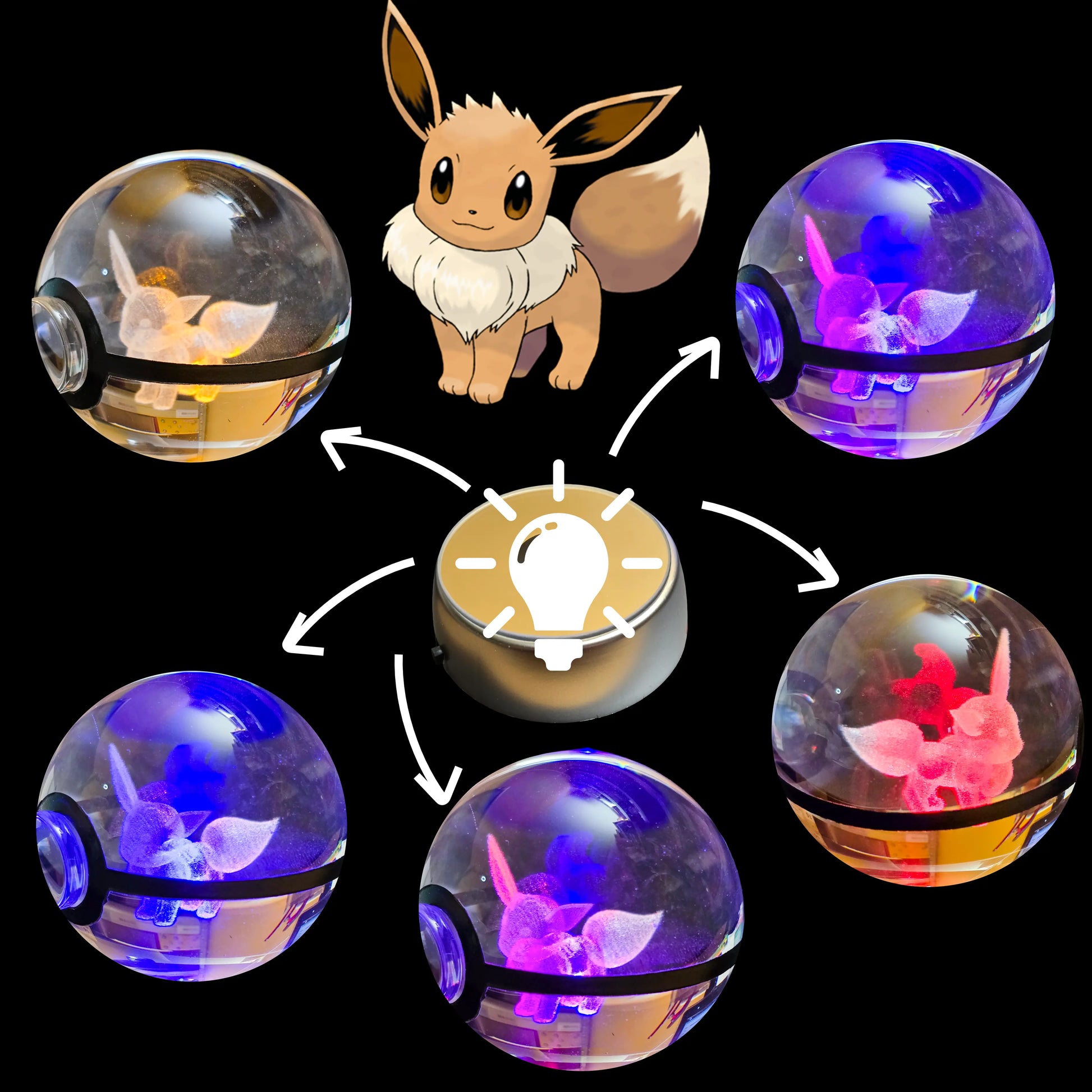 Grande bille transparente avec motif 3D « Evoli » au centre, effet lumineux : pour collection et amoureux des beaux objets