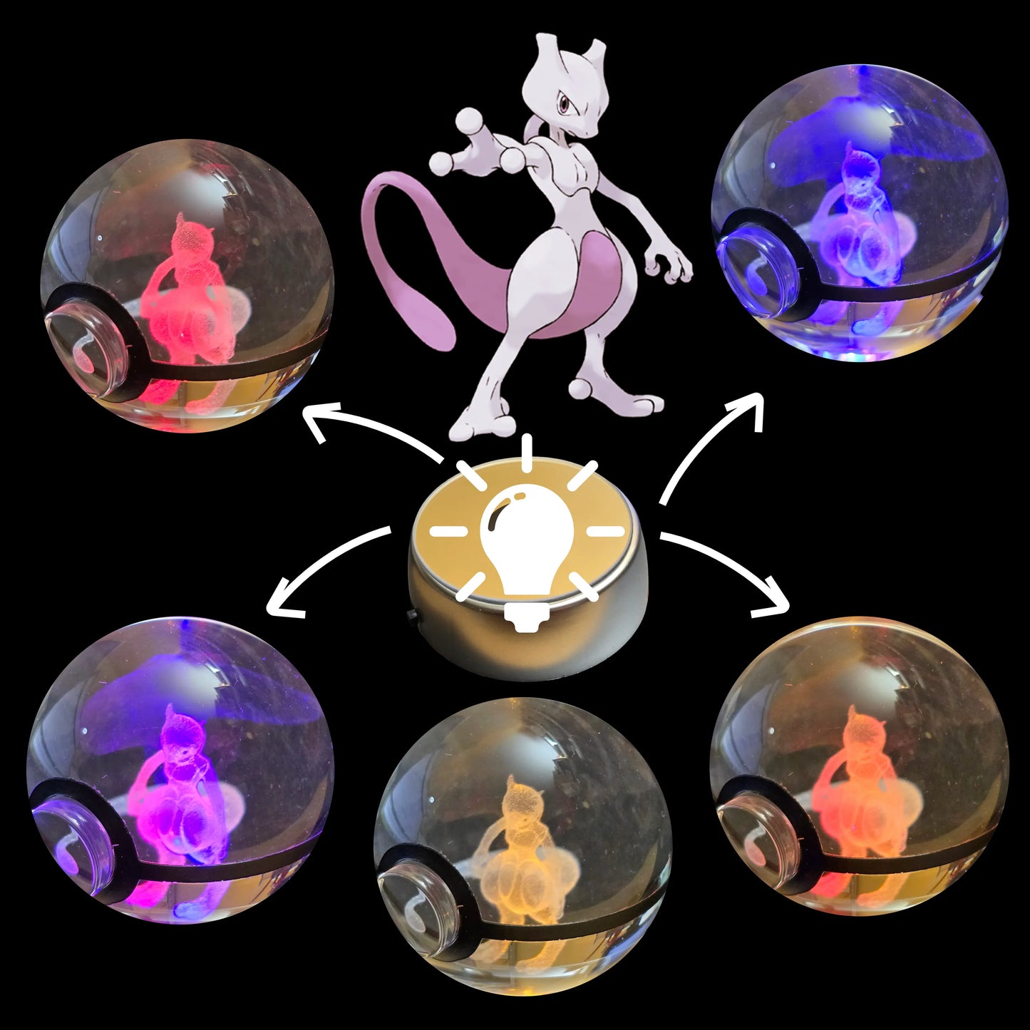 Grande bille transparente avec motif 3D « Mewtwo » au centre, effet lumineux : pour collection et amoureux des beaux objets