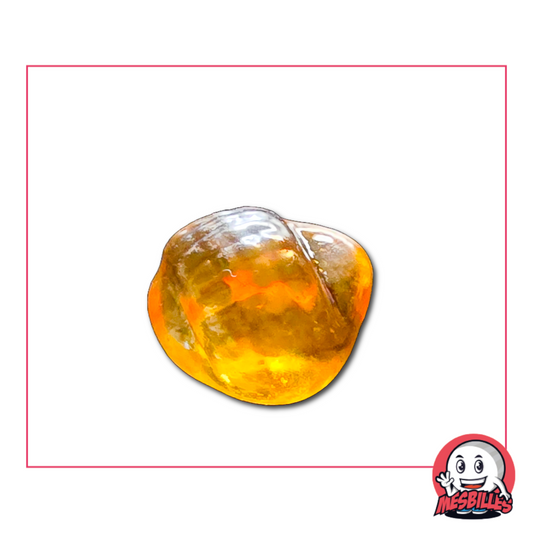 Photo of a Yellow Neptunea marble in the shape of a shell, translucent, with amber highlights, sold individually on My-Glassmarbles.