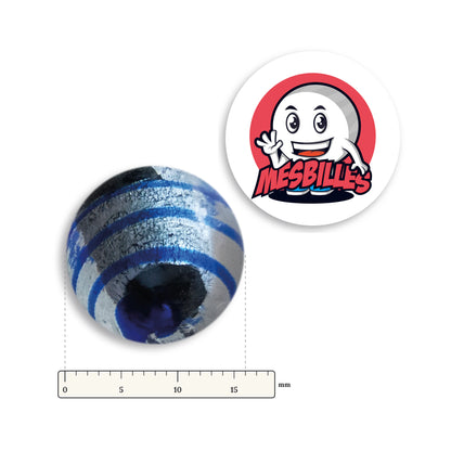 Bille Oeil de Dragon Rayé Bleu 16 mm KimPlay Collector à côté d'une règle graduée, 16 mm de diamètre