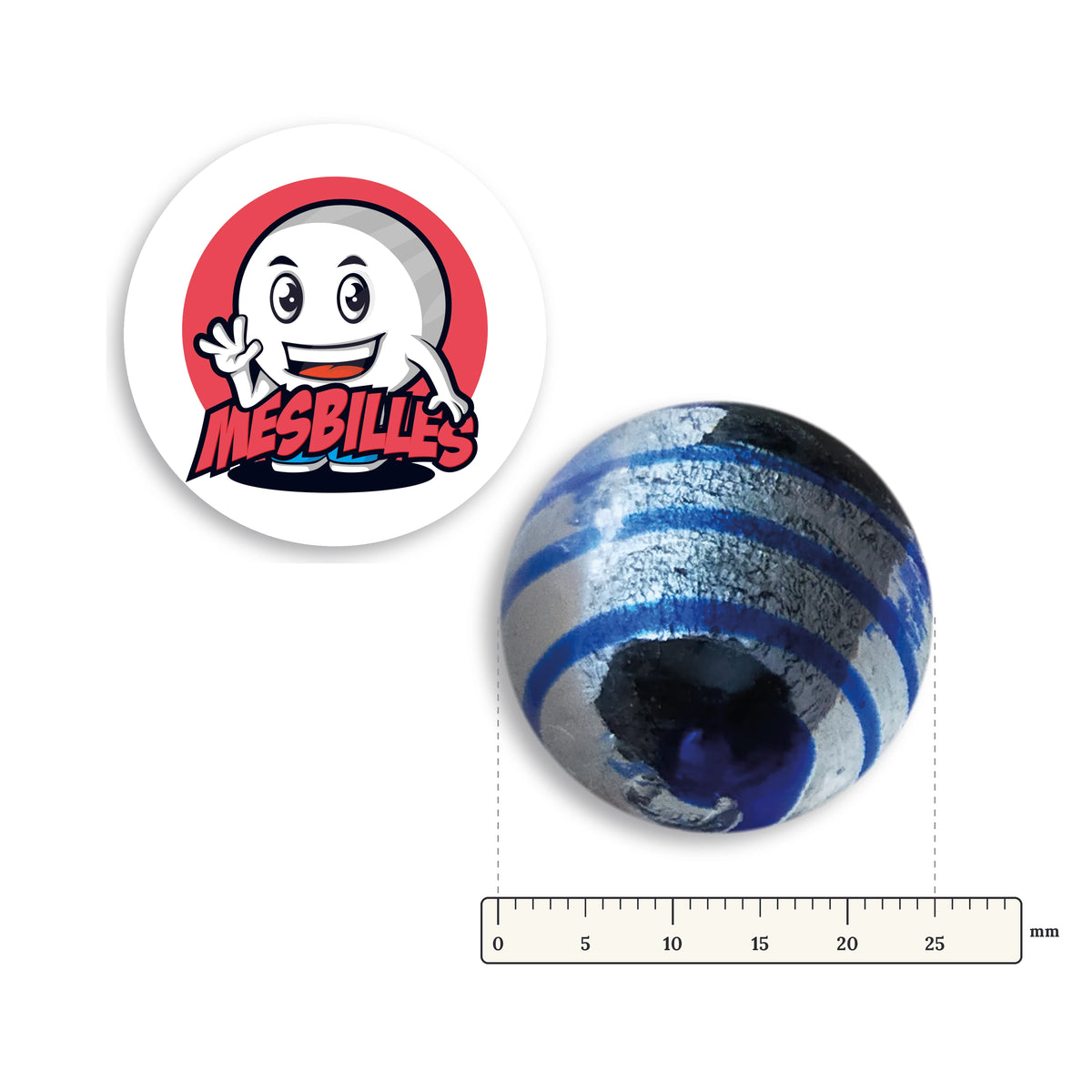 Bille Oeil de Dragon Rayé Bleu 25 mm KimPlay Collector à côté d'une règle graduée, 25 mm de diamètre