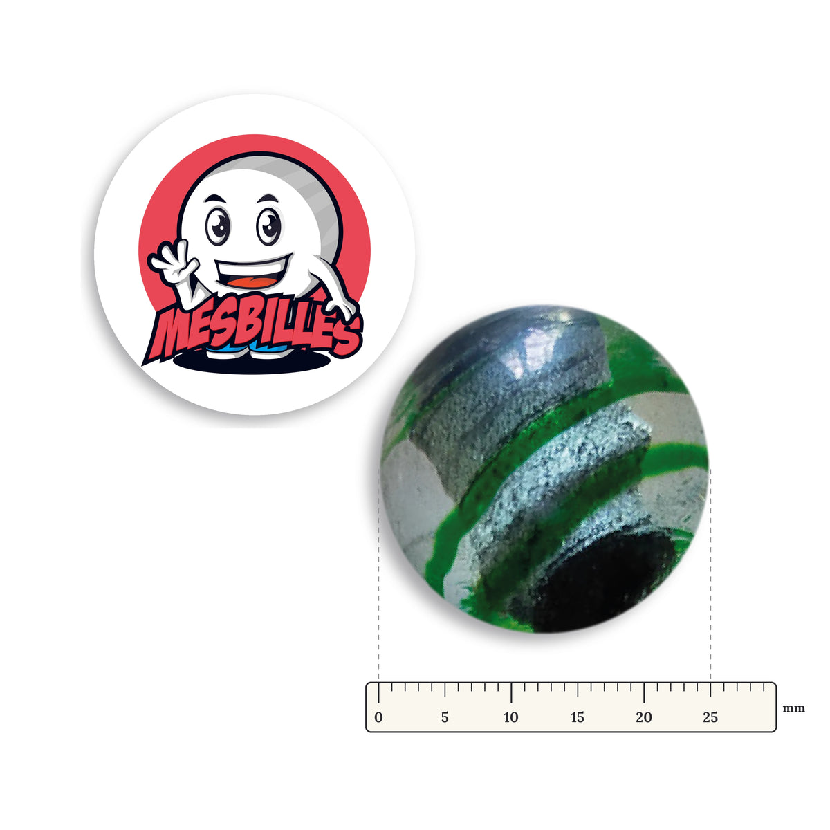 Bille Oeil de Dragon Rayé Vert 25 mm KimPlay Collector à côté d'une règle graduée, 25 mm de diamètre