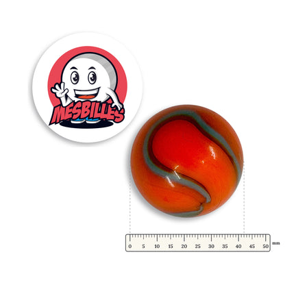 Grande bille Orange-Turquoise à côté d'une règle graduée, 42 mm de diamètre