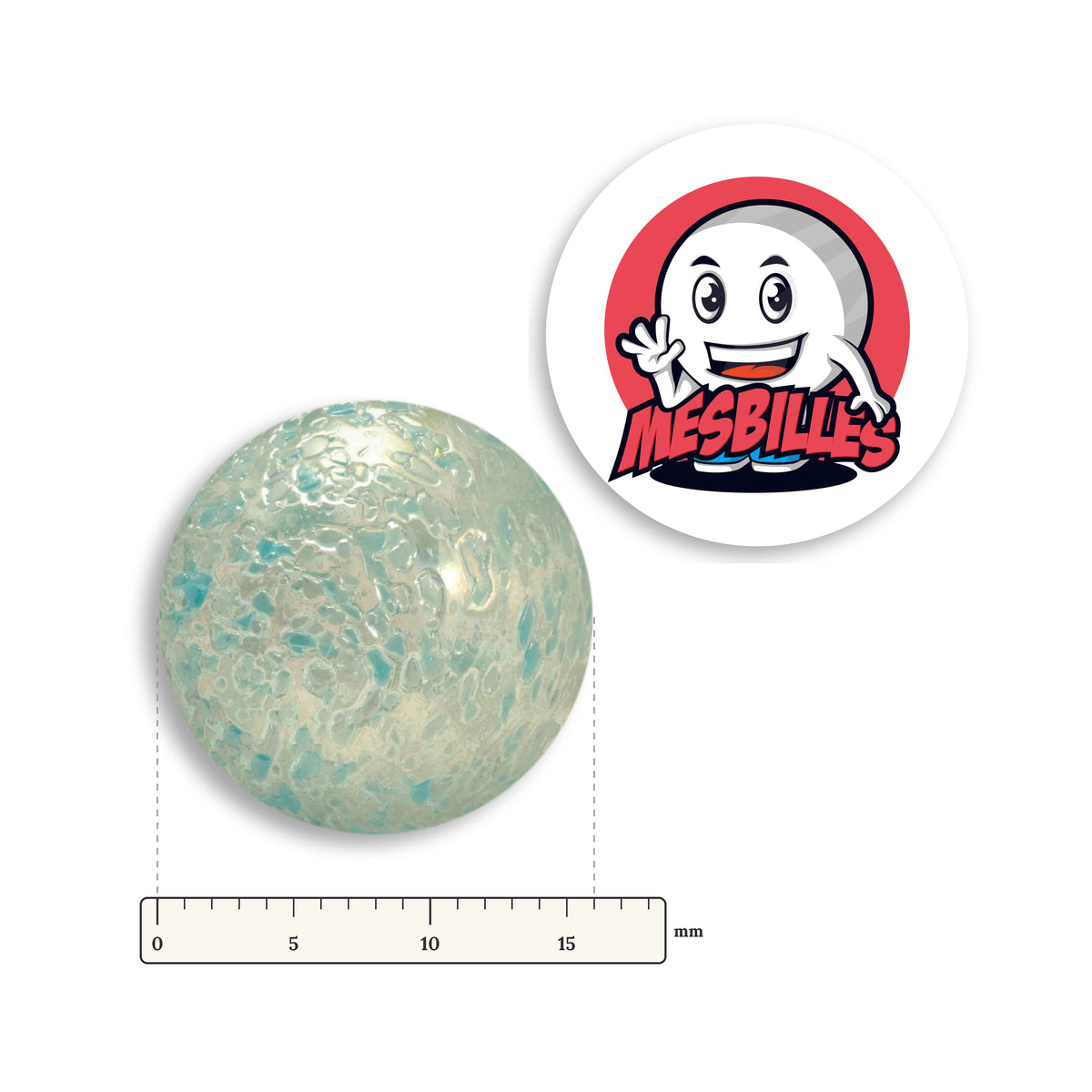 Pépite Blue marble 16 mm next to a ruler, 16 mm in diameter