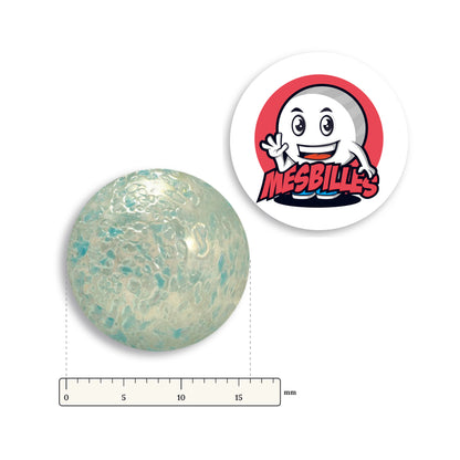 Pépite Blue marble 16 mm next to a ruler, 16 mm in diameter