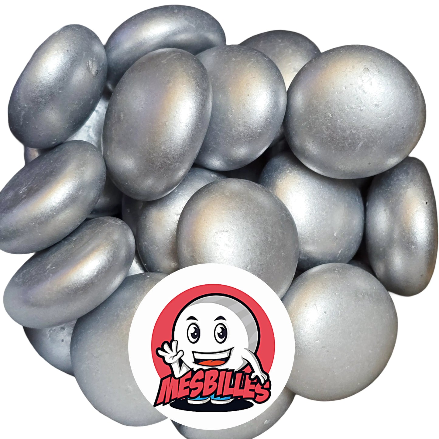 Dans la Grande Famille des Billes Métallisé, il y a la Bille Plate en verre avec un Revêtement Métallisé de Couleur Argenté.