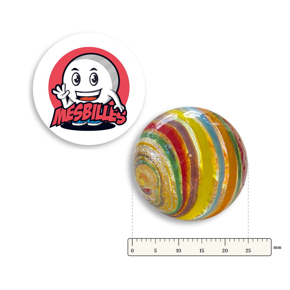 Bille Rainbow 25 mm KimPlay Collector à côté d'une règle graduée, 25 mm de diamètre