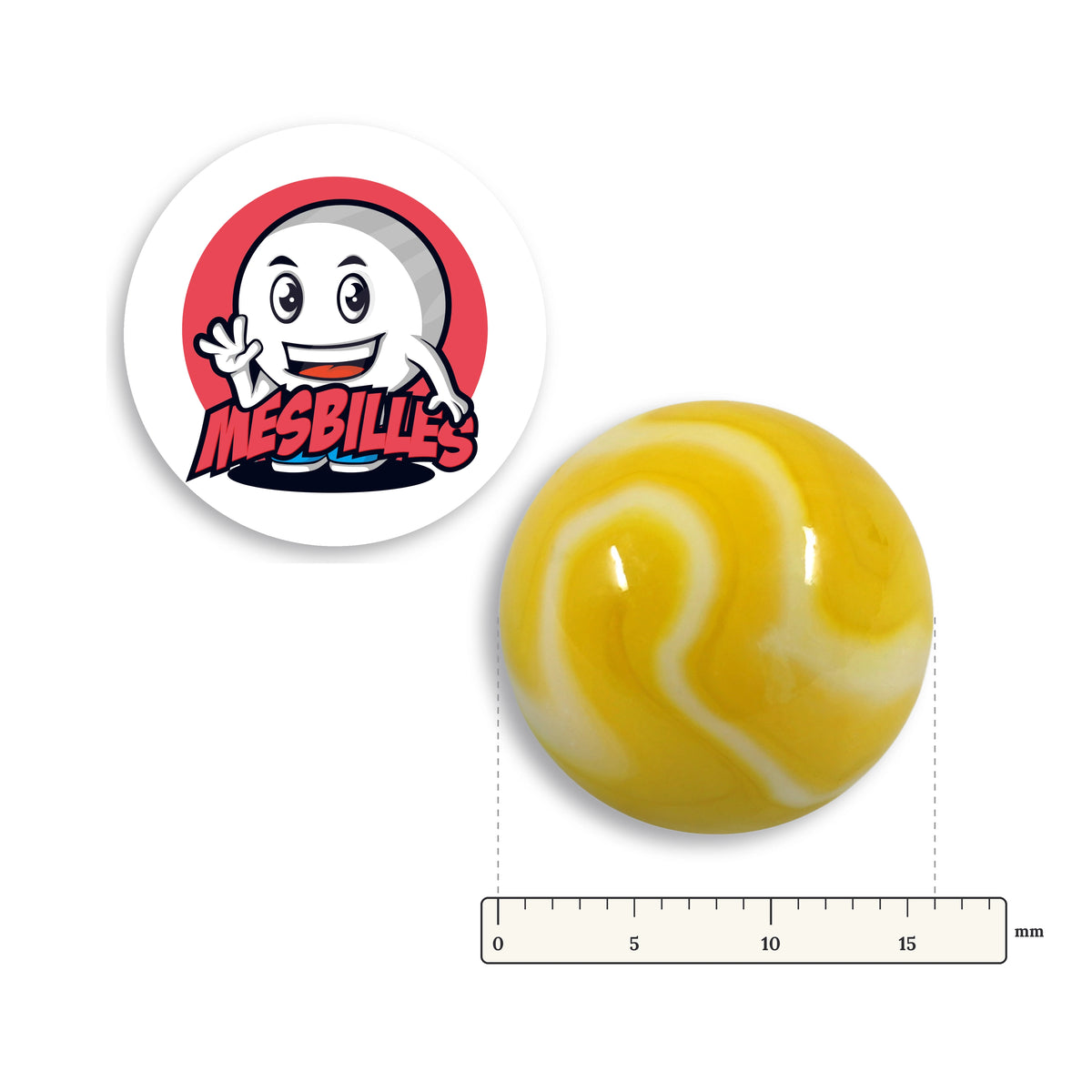 Bille Sorbet Citron à côté d'une règle graduée, 16 mm de diamètre