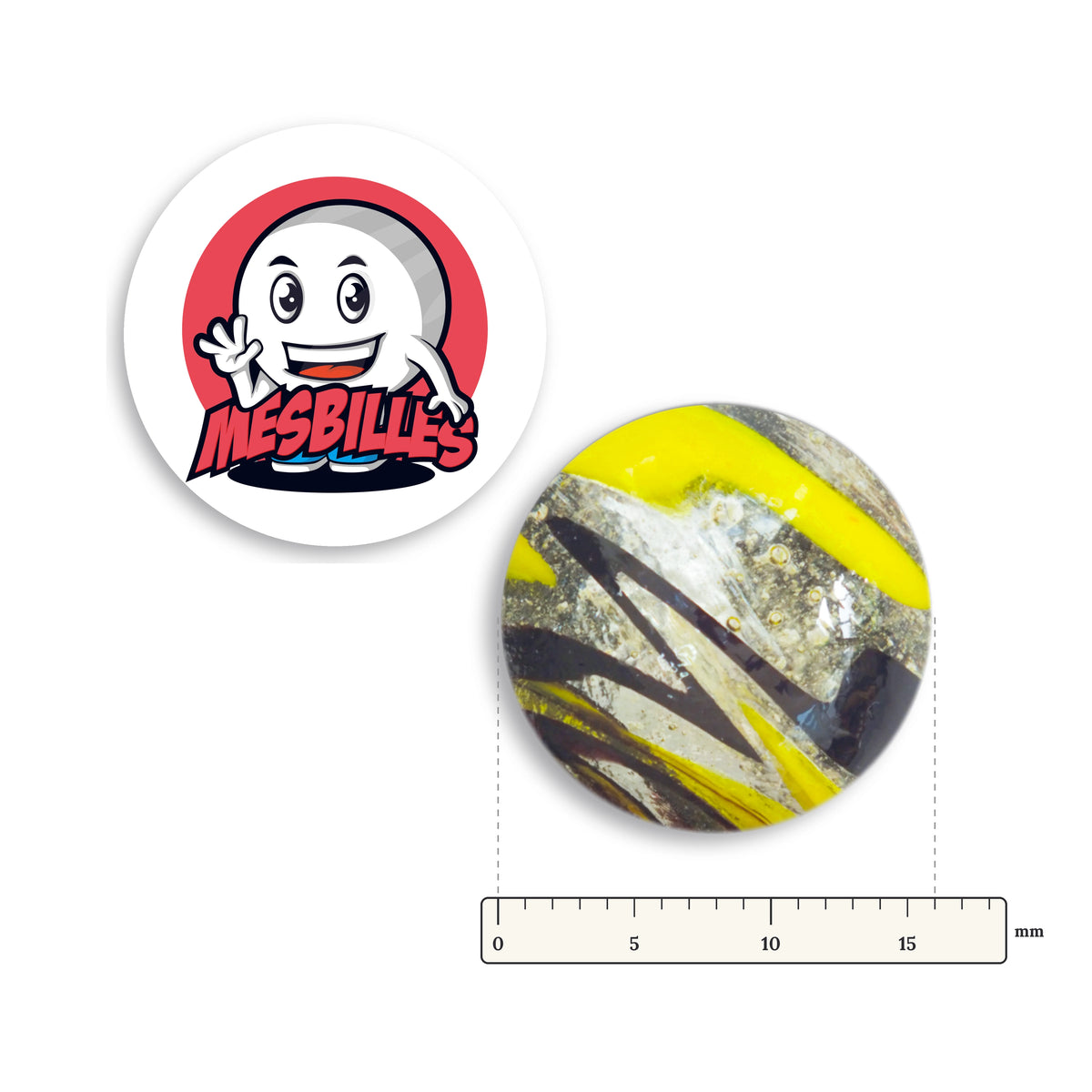 Bille Speedy Noir et Jaune 16 mm Collector à côté d'une règle graduée, 16 mm de diamètre