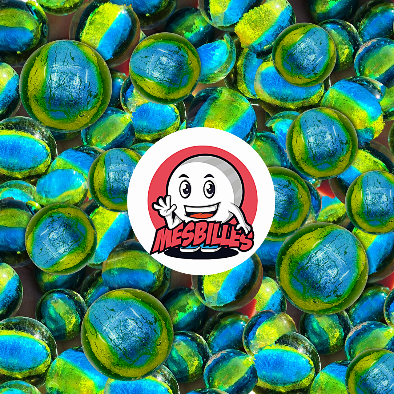 My-Glassmarbles mascot on 22 mm hand-crafted glass Marbles in shades of blue and green, reminiscent of a planet seen from space, with hints of emerald and turquoise.