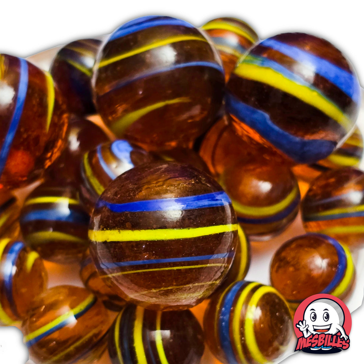 Lot de billes Cyclone Ambre 16 mm KimPlay Collector translucides ambre avec rayures bleues et jaunes