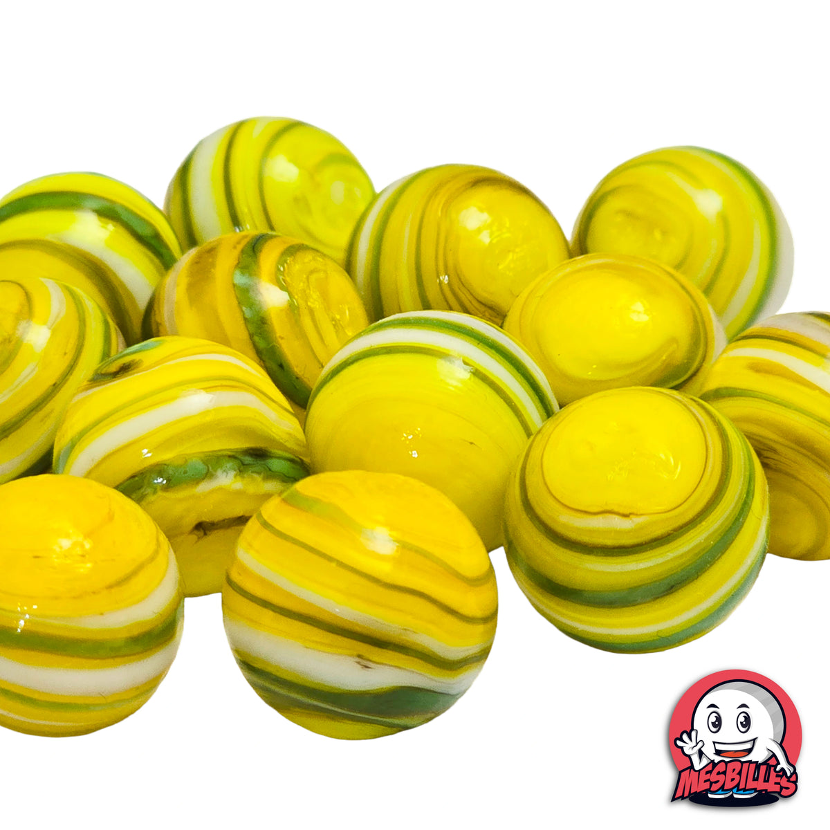 Lot de billes Equinoxe Jaune et Vert 16 mm KimPlay Collector aux rayures jaunes vertes et blanches