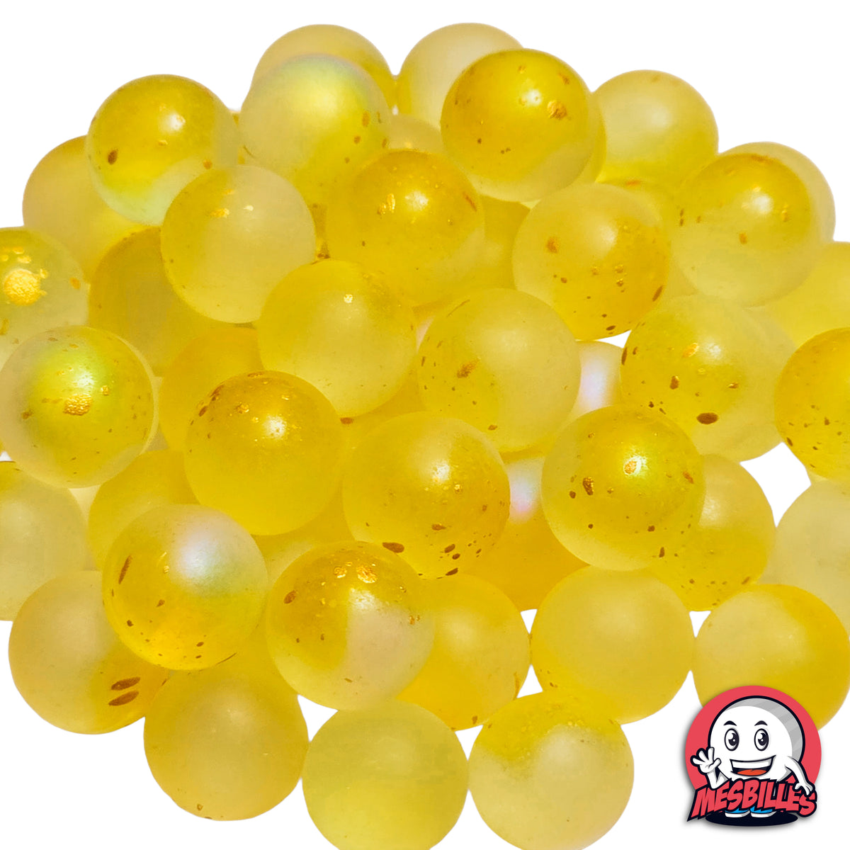 Lot de billes Fée Jaune 16 mm translucides jaunes avec éclats dorés brillants