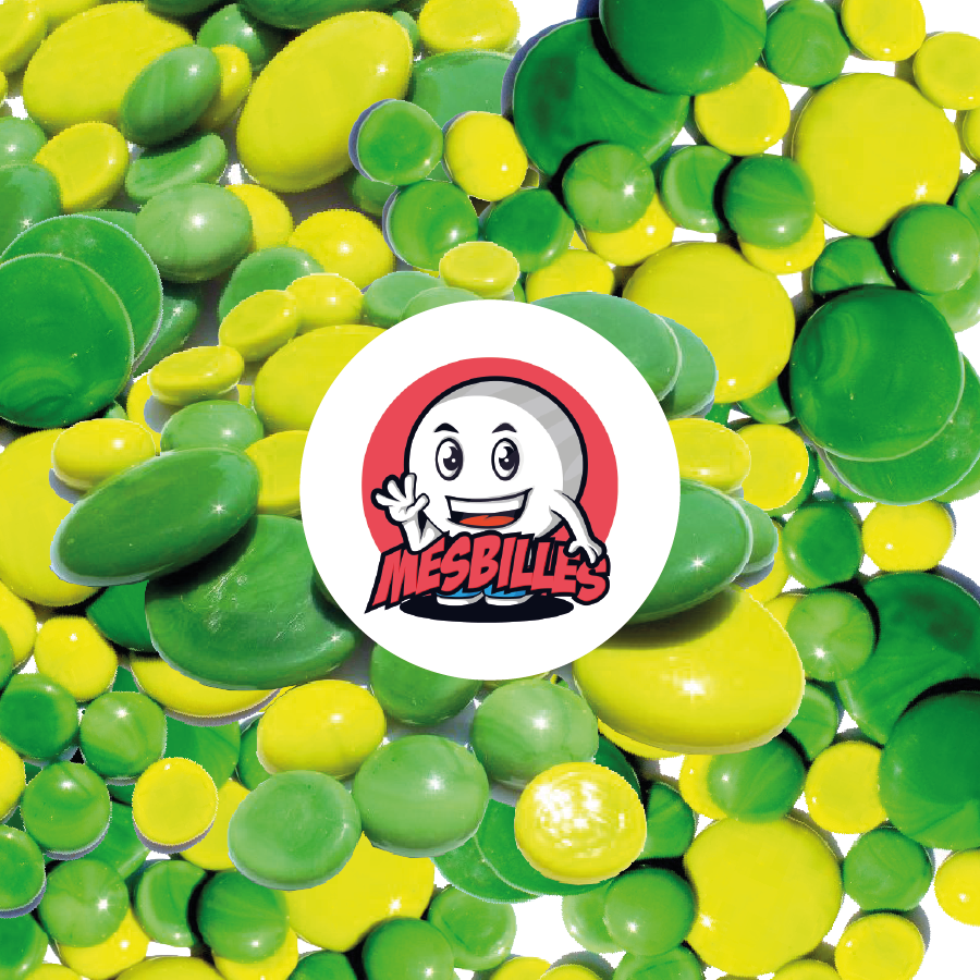 My-Glassmarbles - 250 gr Flat Marbles in Green and Lime green 30mm, 18mm and 12mm.