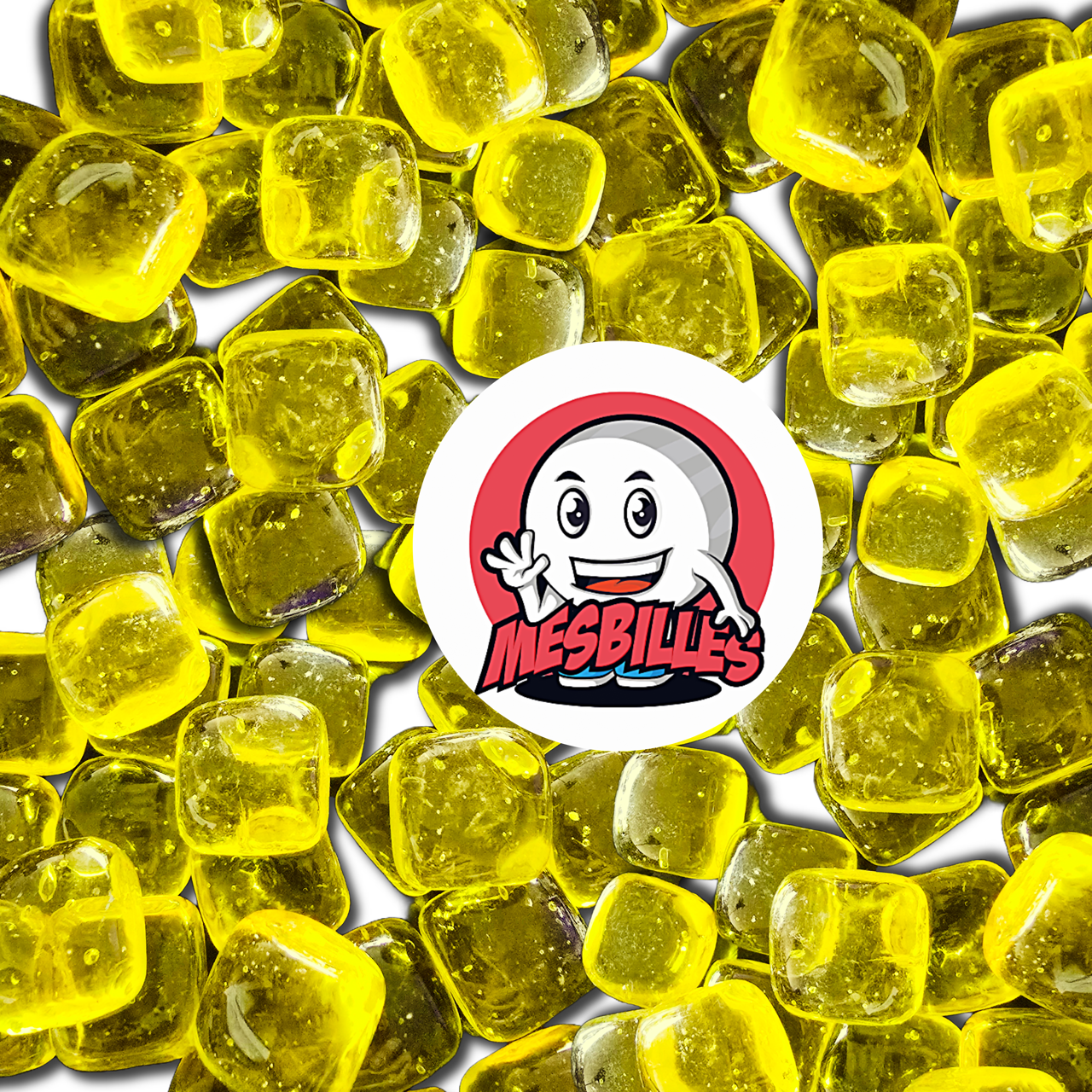 Close-up of several translucent Yellow Square 2 cm glass Marbles, sold individually on My-Glassmarbles.