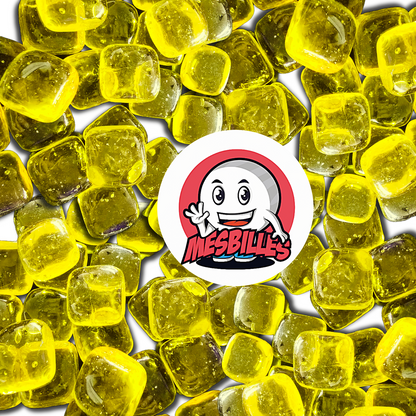 Close-up of several translucent Yellow Square 2 cm glass Marbles, sold individually on My-Glassmarbles.