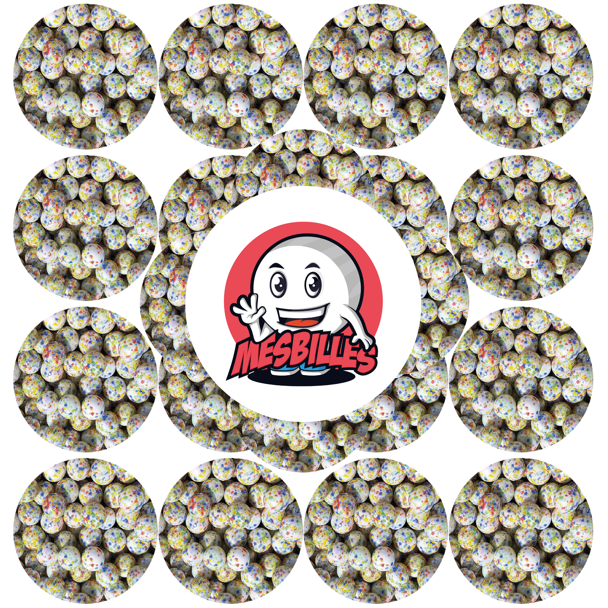 Image of the My-Glassmarbles Mascot surrounded by 16 mm white opaque Marbles covered with Multicolored sparkles