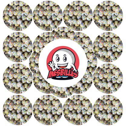 Image of the My-Glassmarbles Mascot surrounded by 16 mm white opaque Marbles covered with Multicolored sparkles
