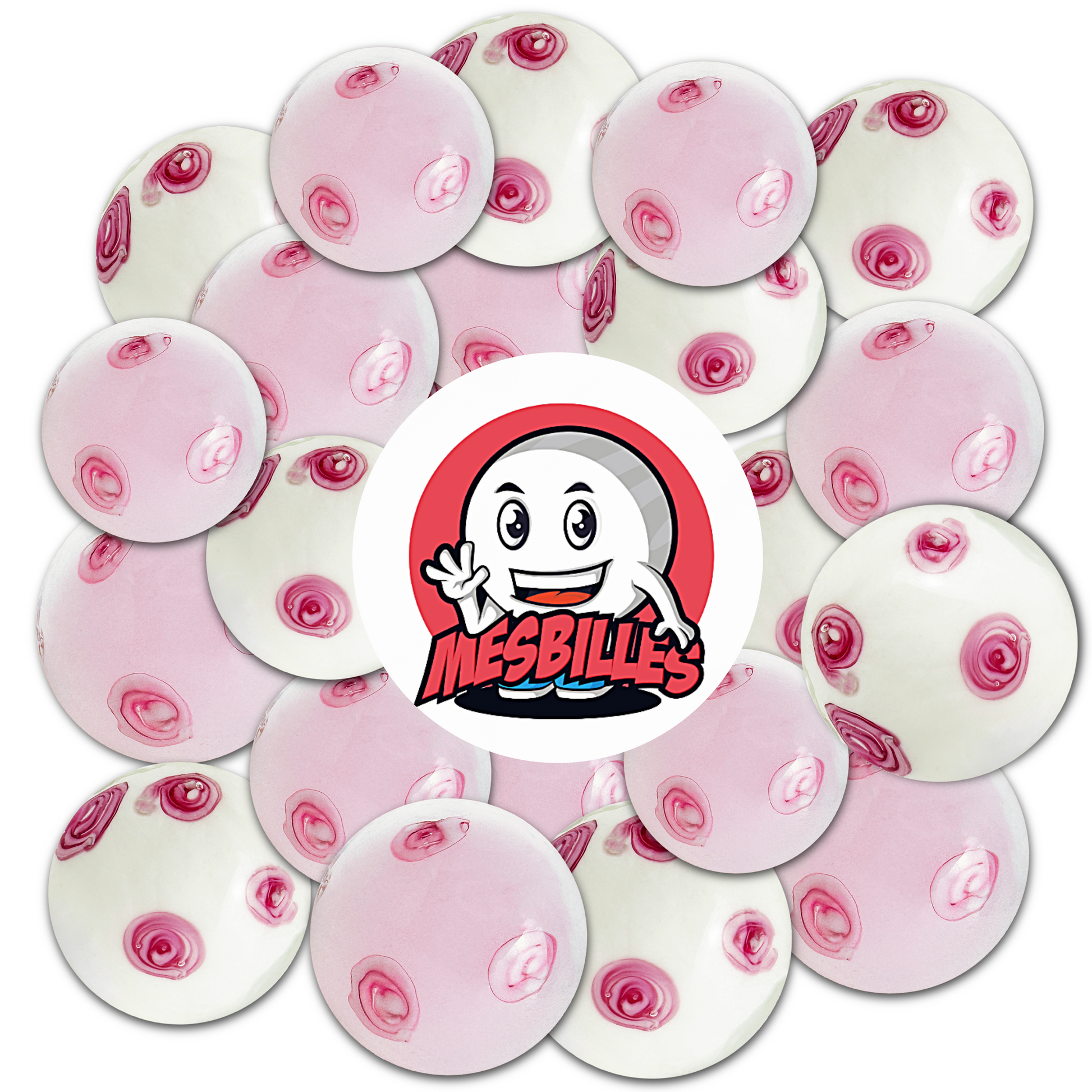 My-Glassmarbles mascot set on 16 mm hand-crafted glass Marbles with a white background adorned with delicate pink flowers, evoking the fragile poetry of the cherry blossom.