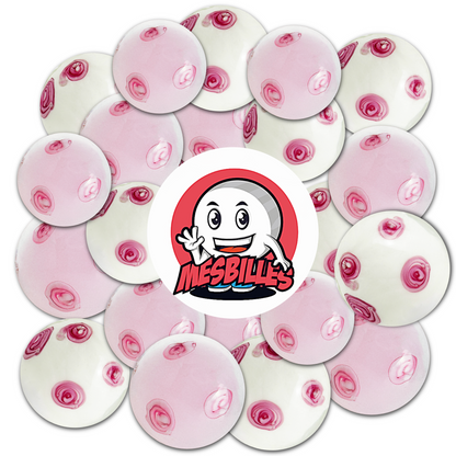 My-Glassmarbles mascot placed on 16 mm hand-crafted glass Marbles with a pink background adorned with delicate pink flowers, evoking the fragile poetry of the cherry blossom.
