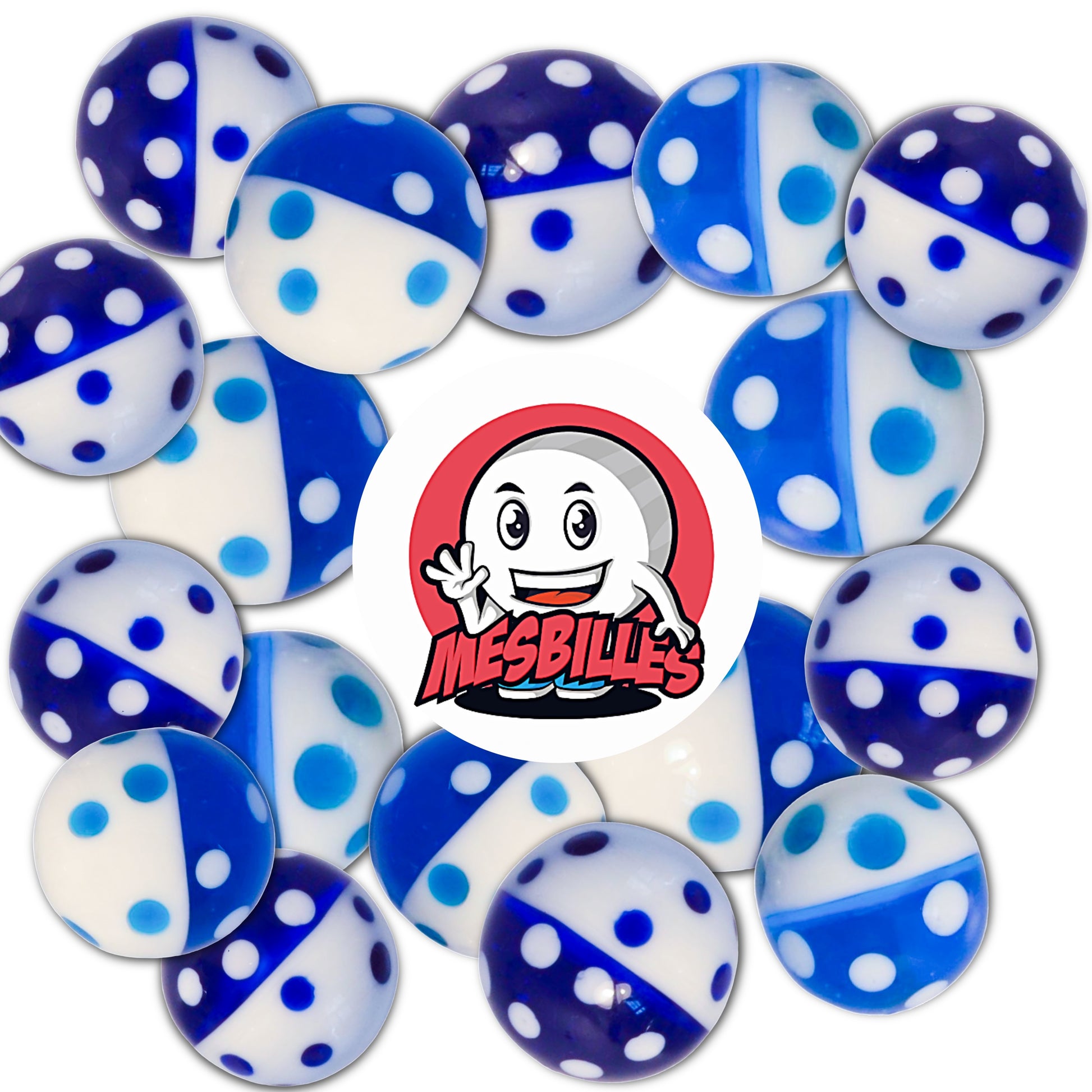 My-Glassmarbles Logo on 16 mm blue and white Marbles, sailor design with polka dots