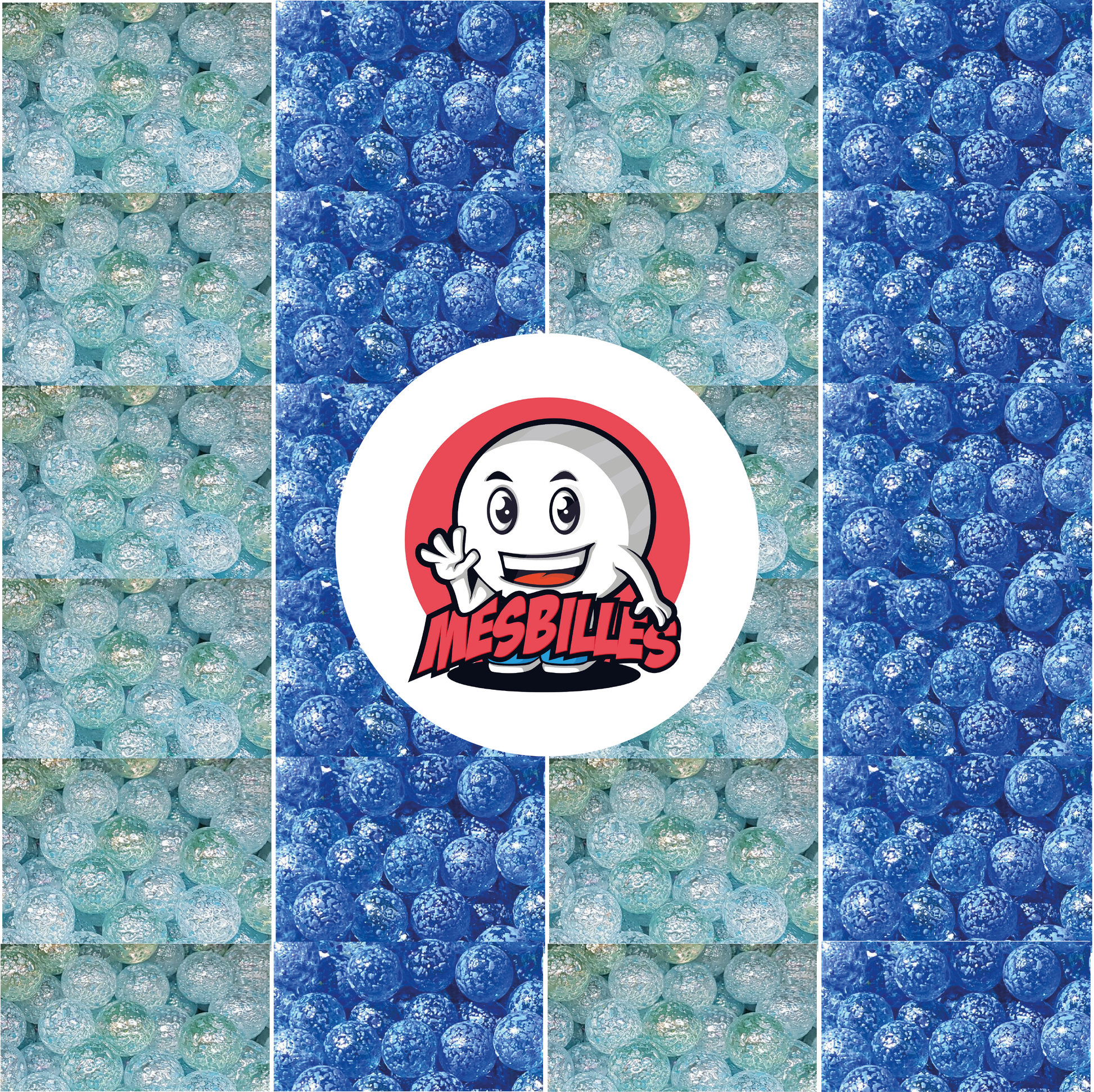 Image of My-Glassmarbles Mascot surrounded by Marbles Translucent glass Speckled nugget 16 mm