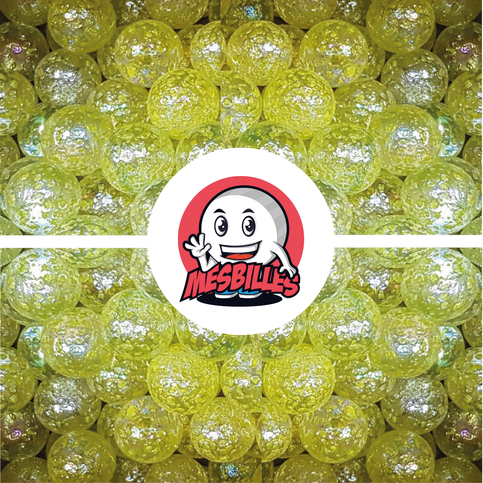 Image of My-Glassmarbles Mascot surrounded by Marbles Translucent glass Speckled nugget YELLOW 25 mm
