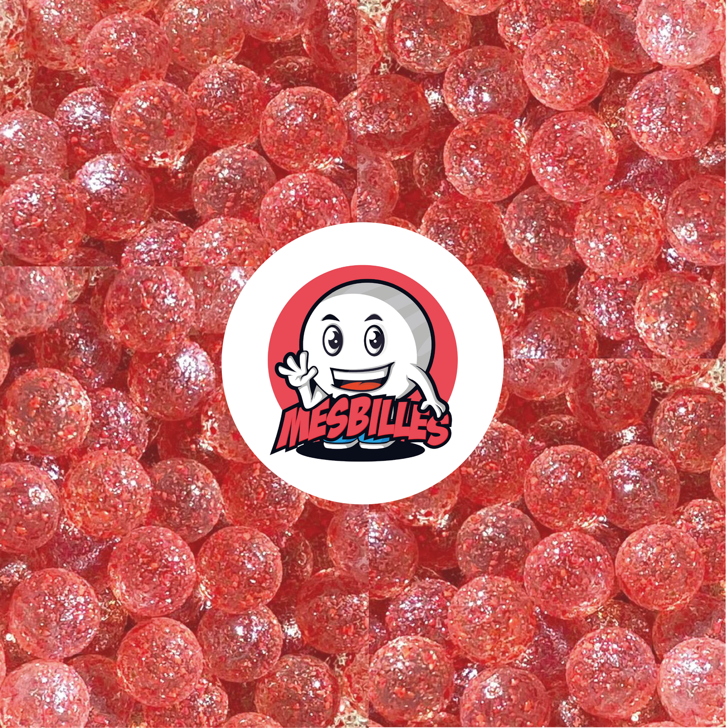 Image of My-Glassmarbles Mascot surrounded by Marbles Translucent glass Speckled nugget RED 14 mm