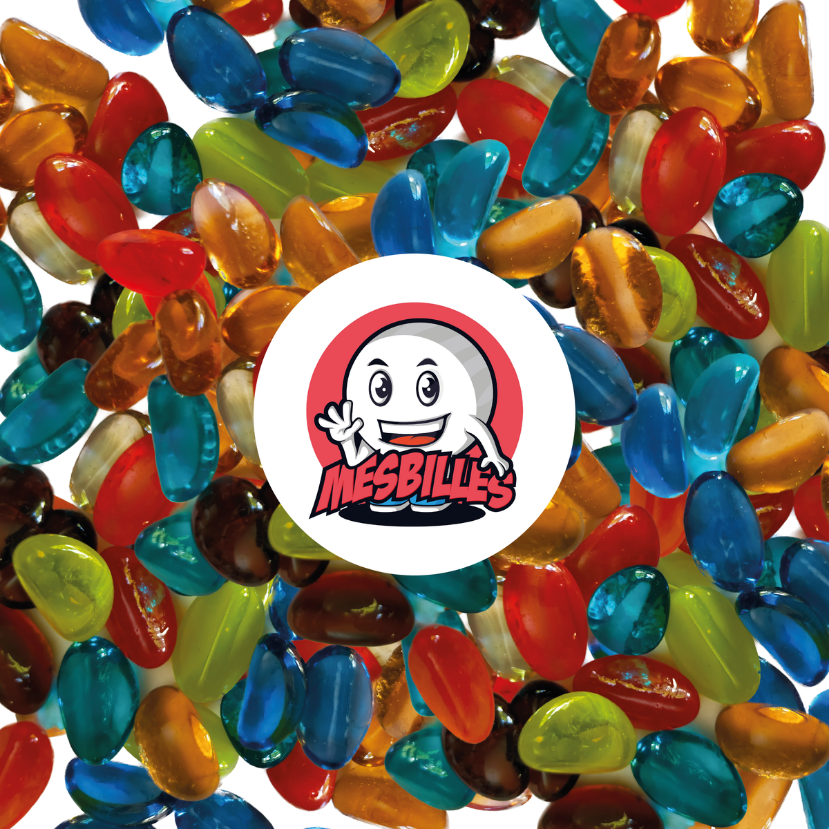 Shaped Marbles are made of glass, measure approximately 25x15 mm and are translucent.