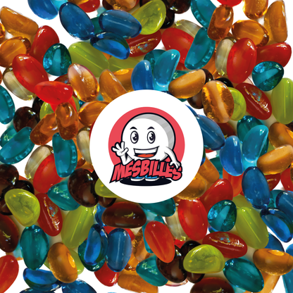 Shaped Marbles are made of glass, measure approximately 25x15 mm and are translucent.
