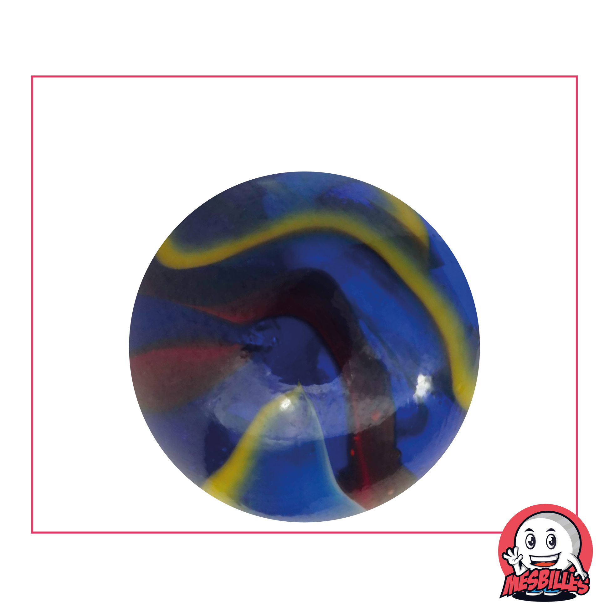 35 mm blue glass Michelangelo marble with red, white and yellow stripes - My-Glassmarbles