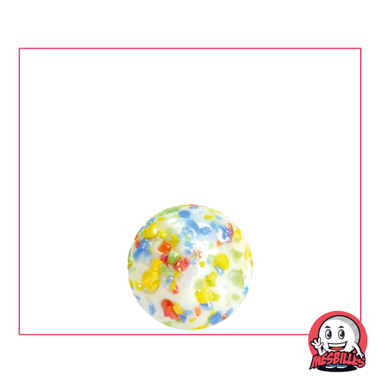 Image of the My-Glassmarbles Mascot surrounded by 14 mm white opaque Marbles covered with Multicolored chips