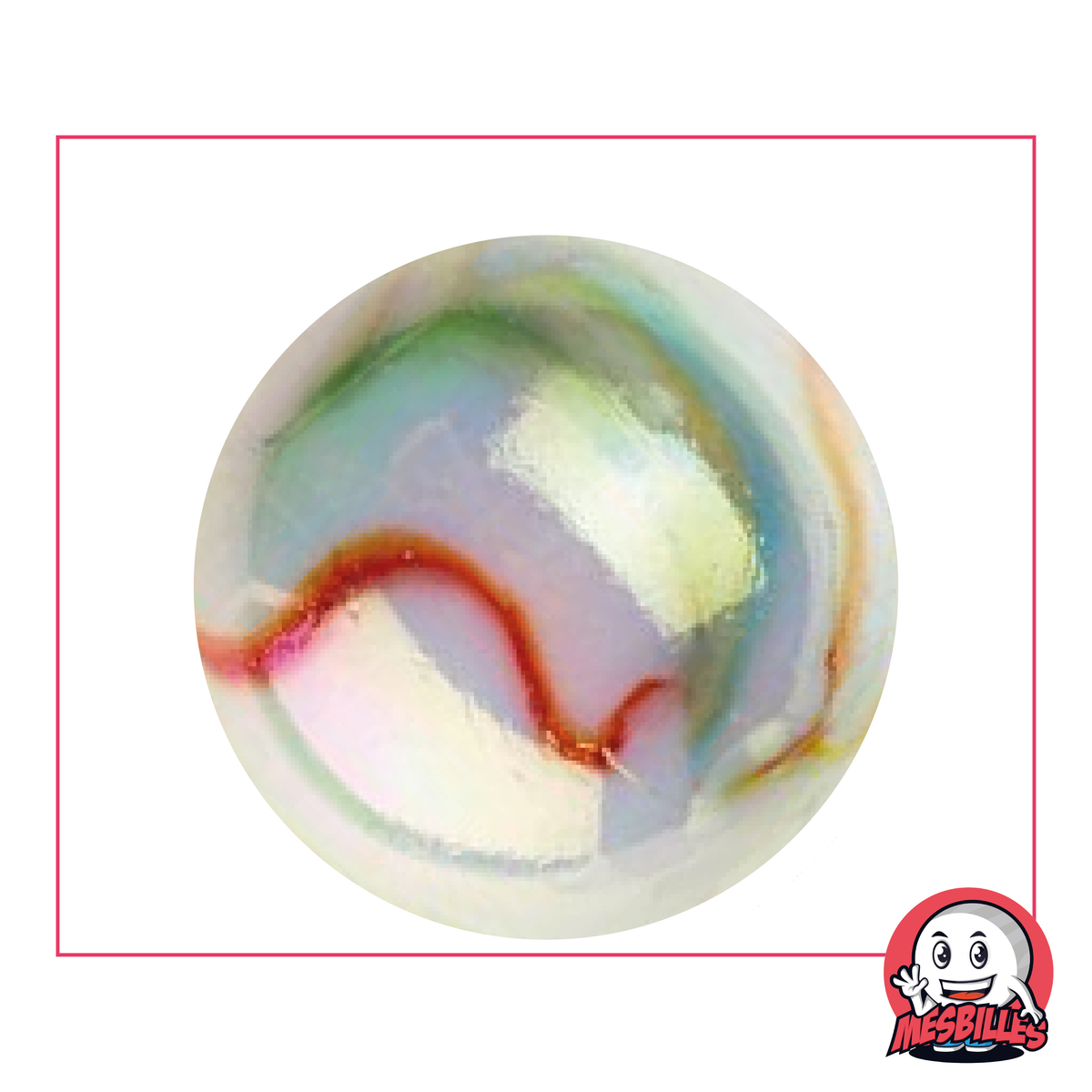 Marble 42 mm Multicolored glass pearly white decorated with spirals, very large marble
