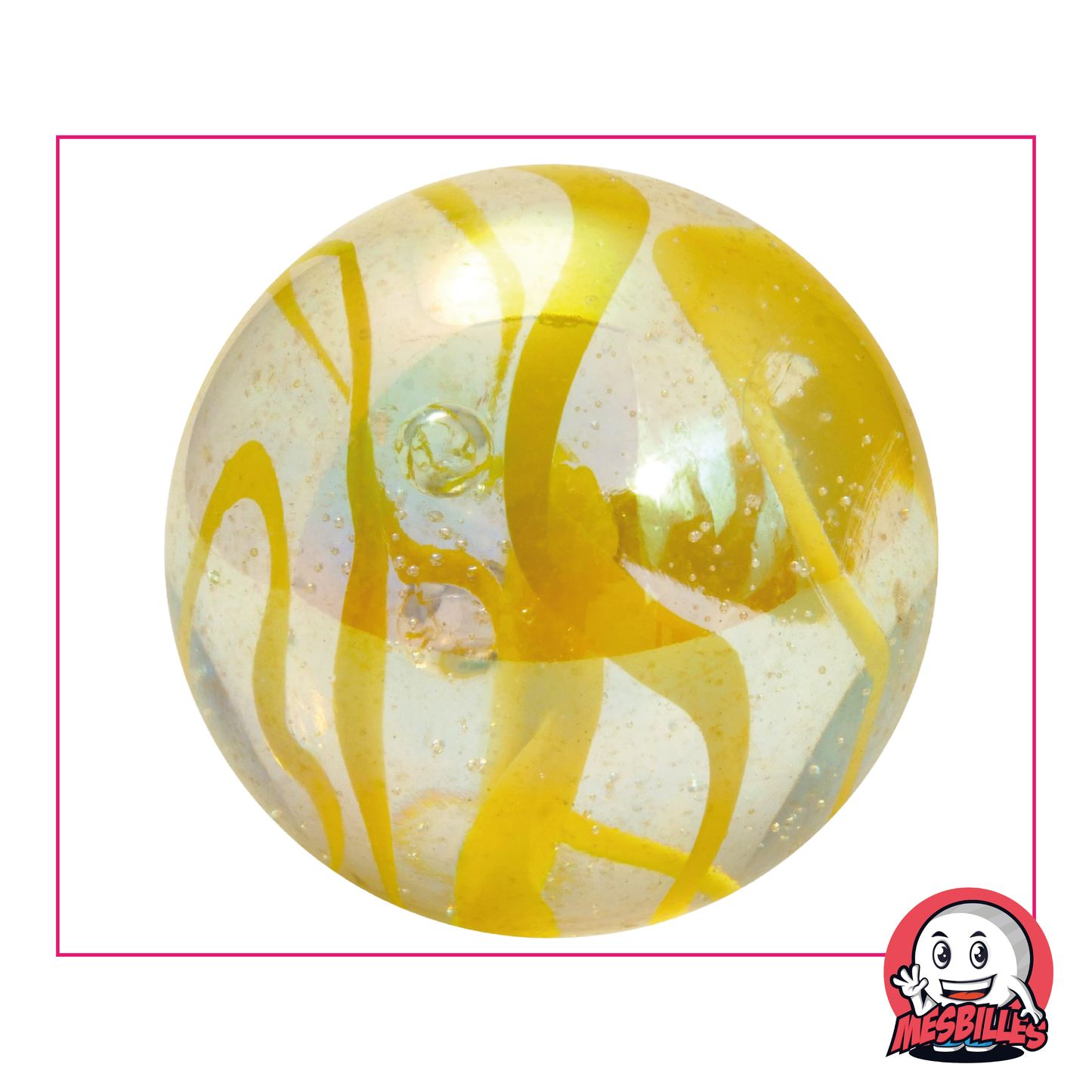 Marble Ribbon 50 mm glass, tranlucent through Yellow ribbon, very large marble