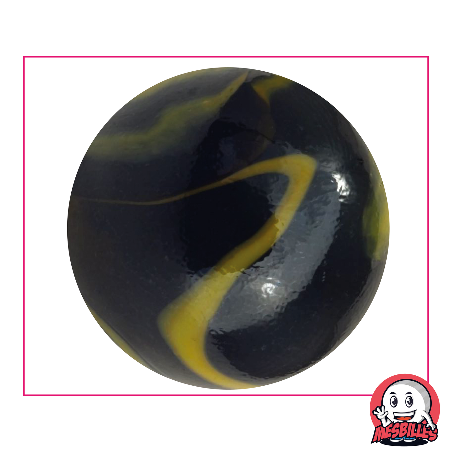 50 mm Marble in shiny black glass with yellow spots, very large marble