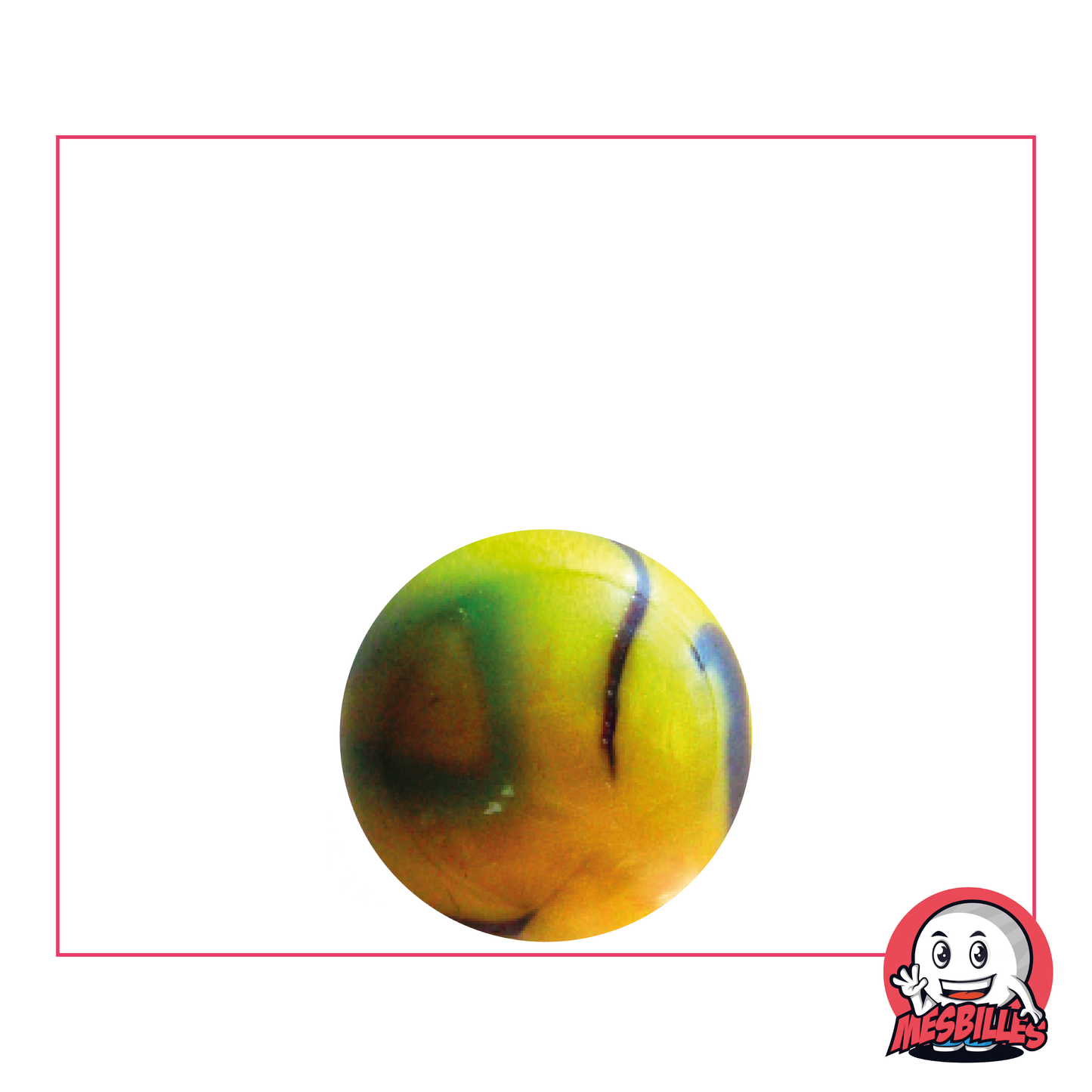 16 mm Bengal Tiger marble in Yellow glass with a shiny finish and red and blue surface markings.