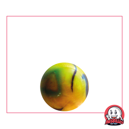 16 mm Bengal Tiger marble in Yellow glass with a shiny finish and red and blue surface markings.
