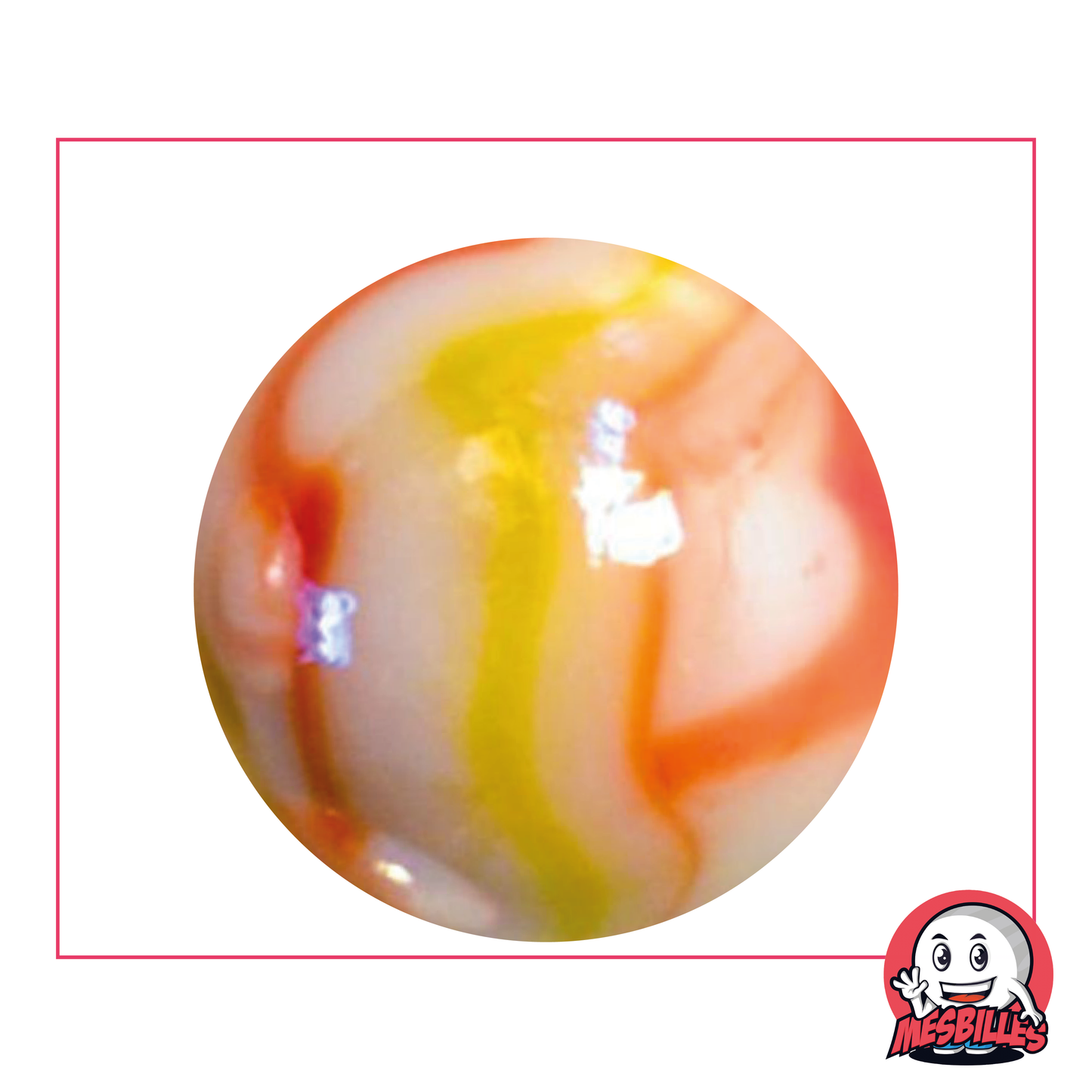 Orange Tiger Marble 42 mm, white pearlescent marble, very large shiny marble with yellow and orange ribbon